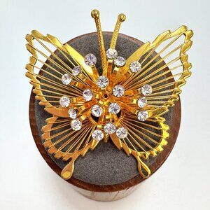 Signed Monet Gold Tone & Crystal Wire Work Butterfly Brooch 1.25" x 1.75"
